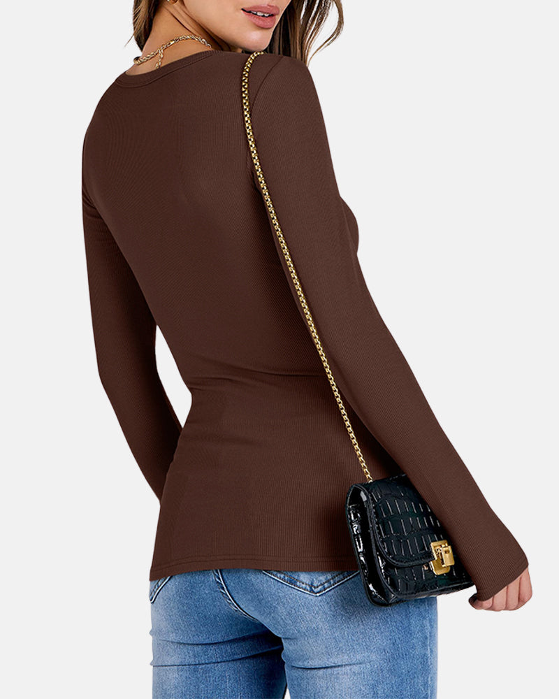 Women Full Length Long Sleeve Rib Knit Slim Fit Tops