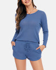 Womens Waffle Knit Pajama Sets Long Sleeve Top and Shorts Matching