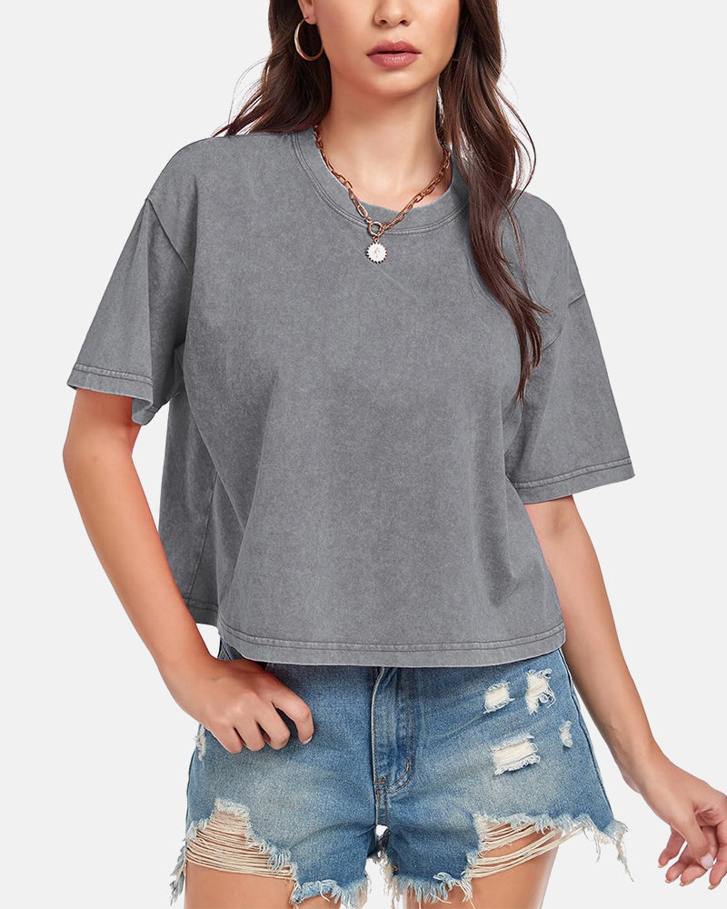 Oversized Vintage Acid Wash Cotton Cropped T Shirts