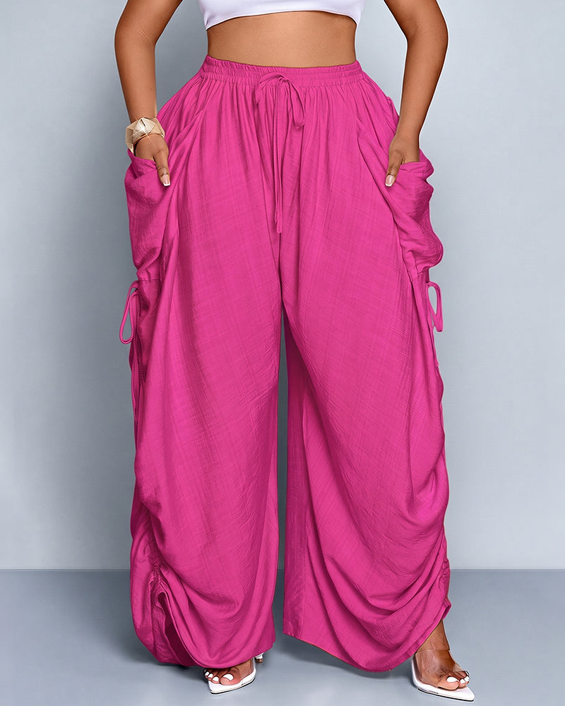 Pantalones de pernera ancha, casuales y de talla grande con ajuste holgado, lazo en la cintura y bolsillos