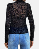 Top de malla transparente sexy con estampado de leopardo y cuello alto