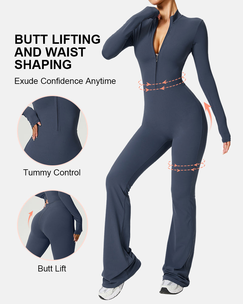 Women Zip Up Long Sleeve Workout Jumpsuit