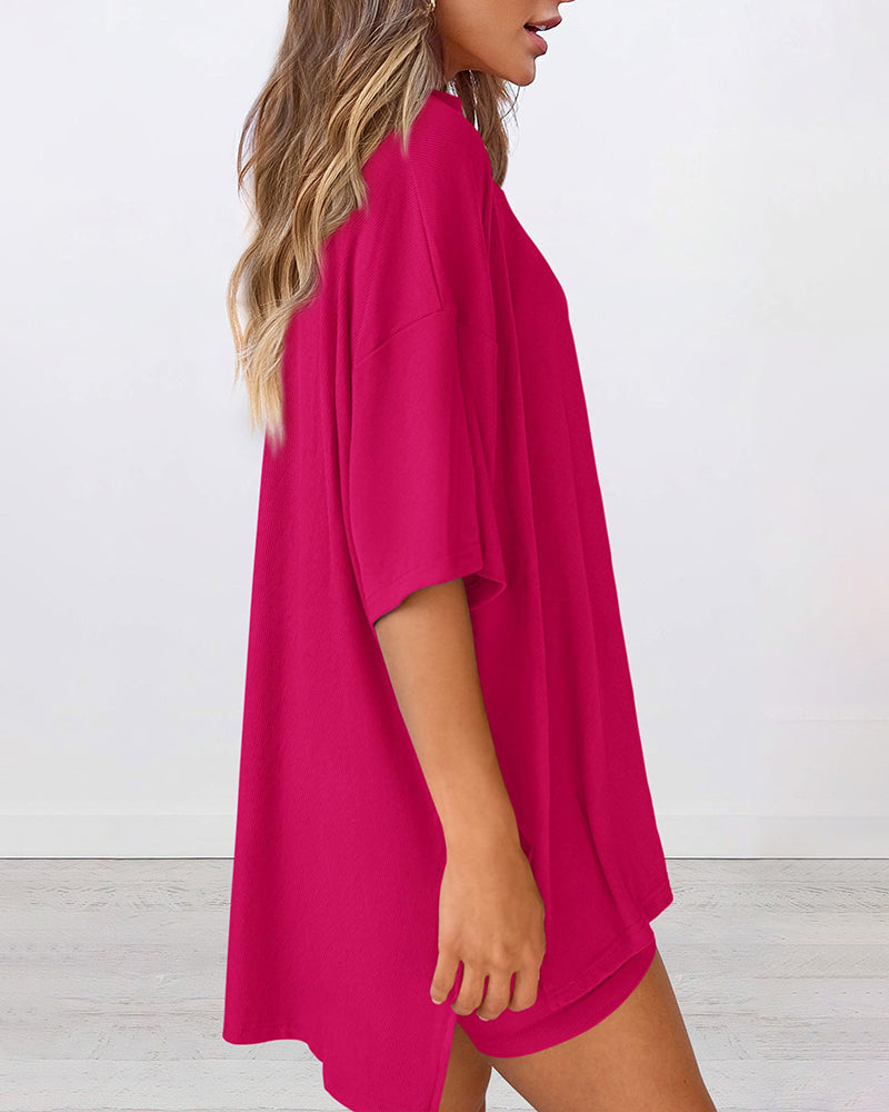 Summer Casual Oversized Lounge Set with Split Hem Shirts & Side Pocket Biker Shorts