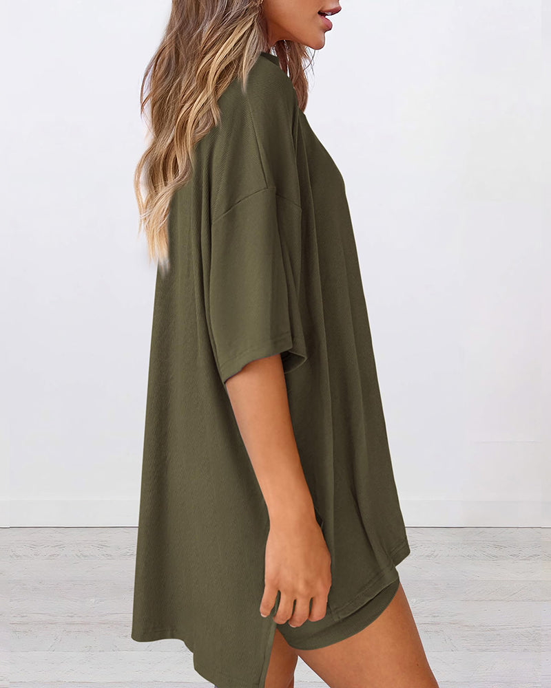 Summer Casual Oversized Lounge Set with Split Hem Shirts & Side Pocket Biker Shorts