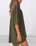 Summer Casual Oversized Lounge Set with Split Hem Shirts & Side Pocket Biker Shorts