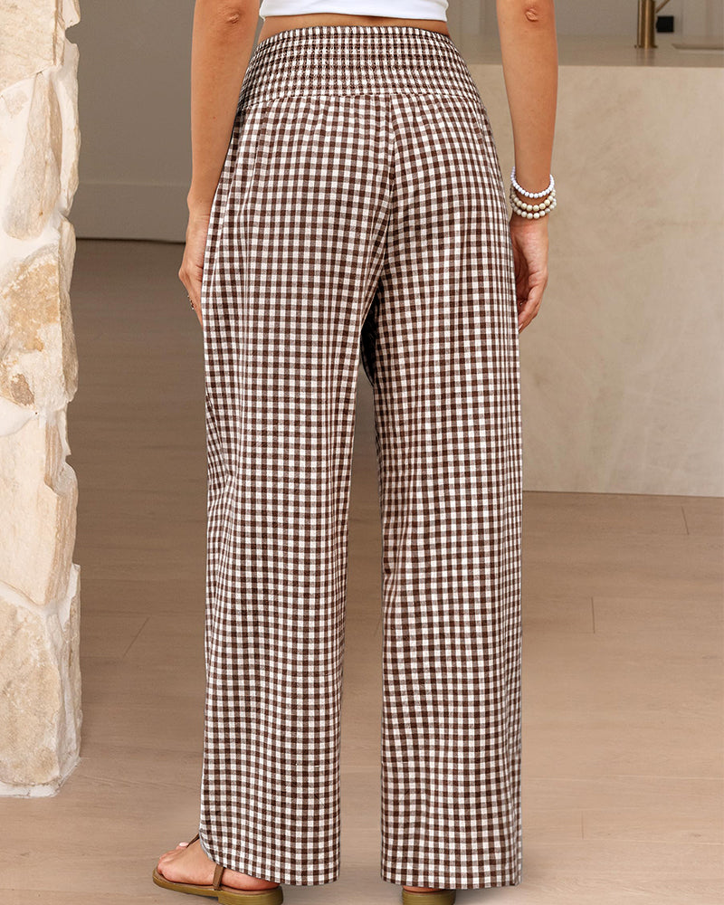 Striped Gingham Wide Leg Pants High Waisted with Pockets