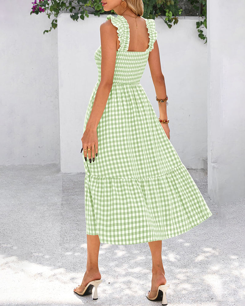 Vestido de guinga retro fluido fruncido con bolsillos