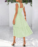 Vestido de guinga retro fluido fruncido con bolsillos