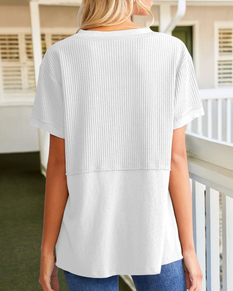 Summer Cozy Oversized Waffle Knit V-Neck Top