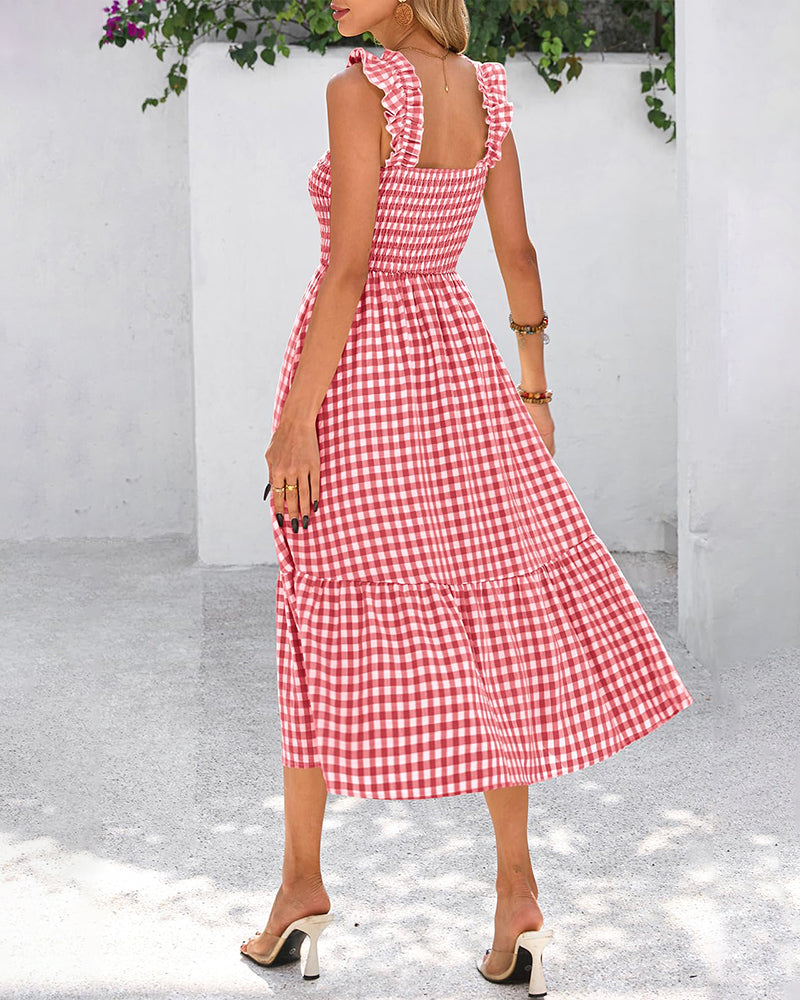 Vestido de guinga retro fluido fruncido con bolsillos