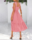 Vestido de guinga retro fluido fruncido con bolsillos