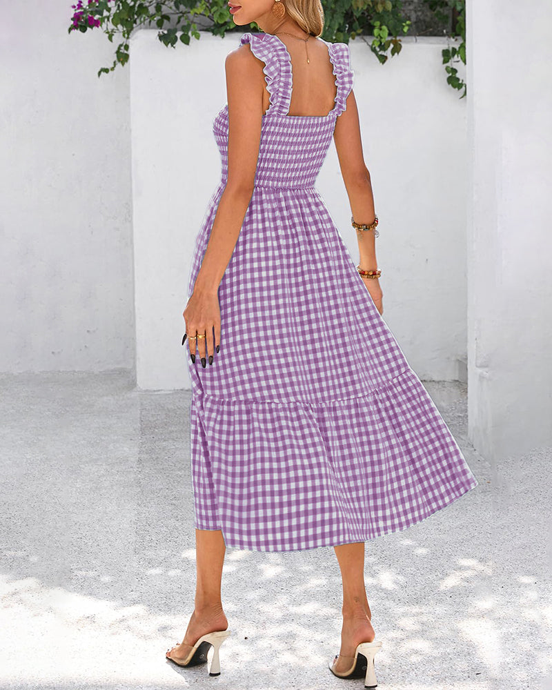 Vestido de guinga retro fluido fruncido con bolsillos