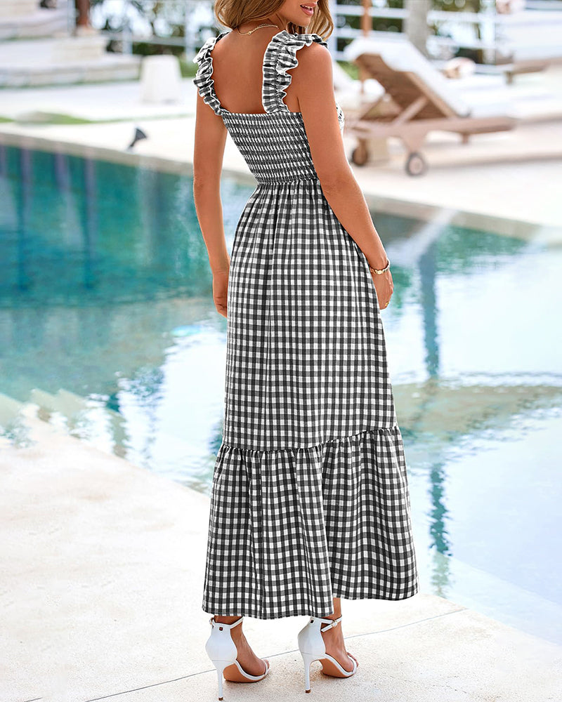 Vestido de guinga retro fluido fruncido con bolsillos
