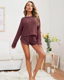 Womens Waffle Knit Pajama Sets Long Sleeve Top and Shorts Matching