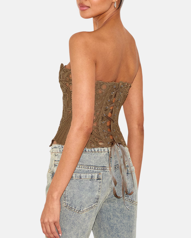 Lace Up Contrast Lace Corset Top Tummy Control Shapewear