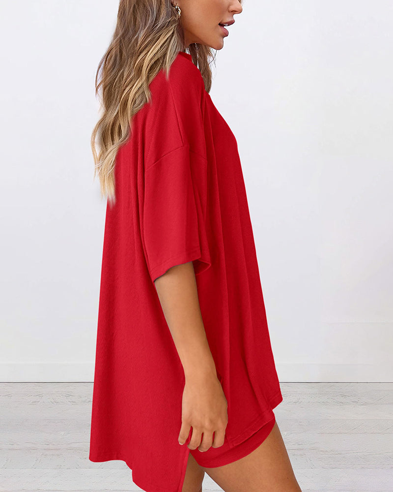 Summer Casual Oversized Lounge Set with Split Hem Shirts & Side Pocket Biker Shorts