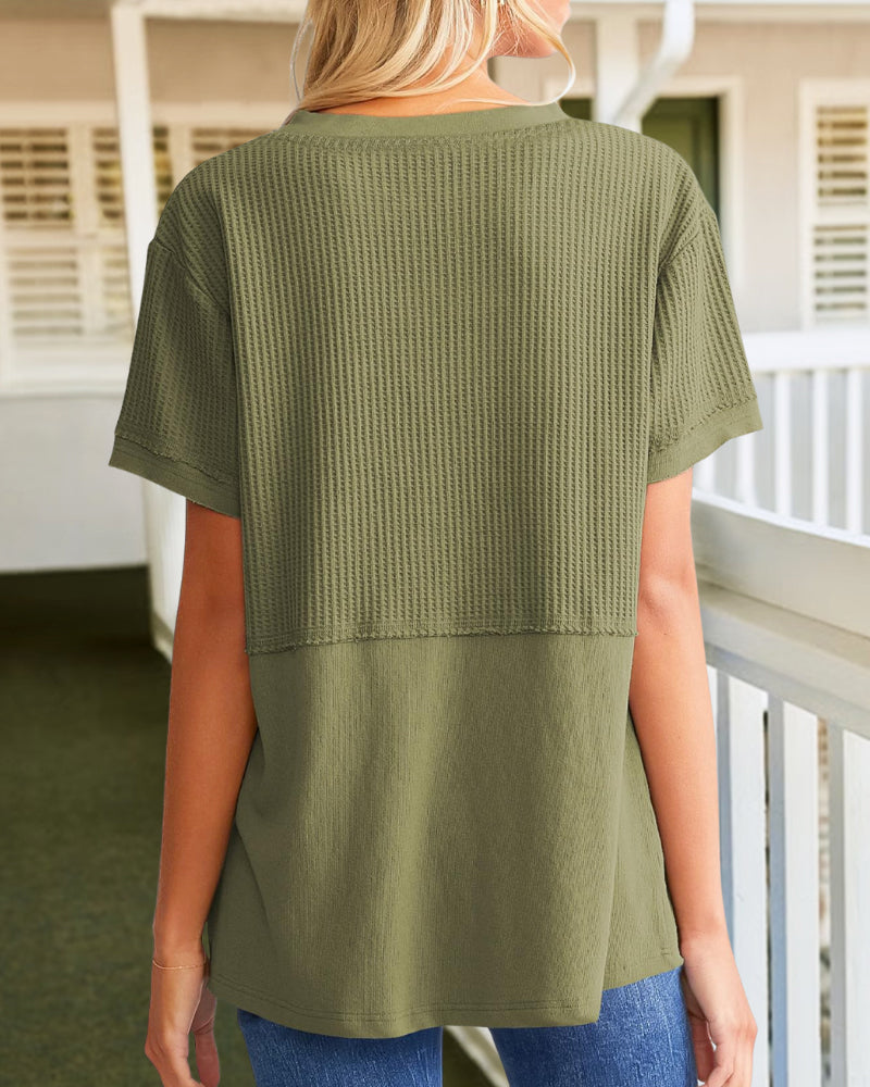 Summer Cozy Oversized Waffle Knit V-Neck Top