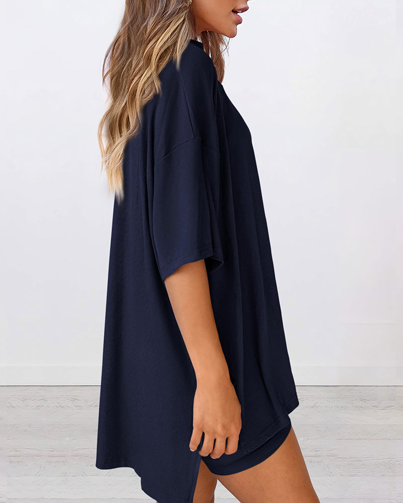 Summer Casual Oversized Lounge Set with Split Hem Shirts & Side Pocket Biker Shorts