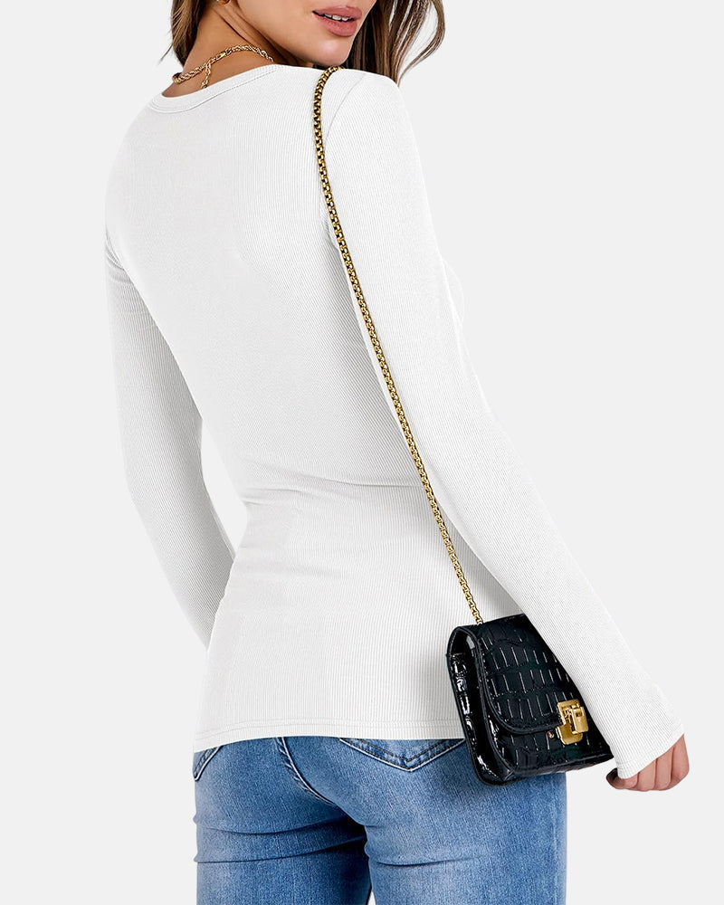 Women Full Length Long Sleeve Rib Knit Slim Fit Tops