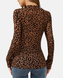 Top de malla transparente sexy con estampado de leopardo y cuello alto