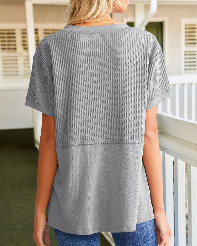 Summer Cozy Oversized Waffle Knit V-Neck Top