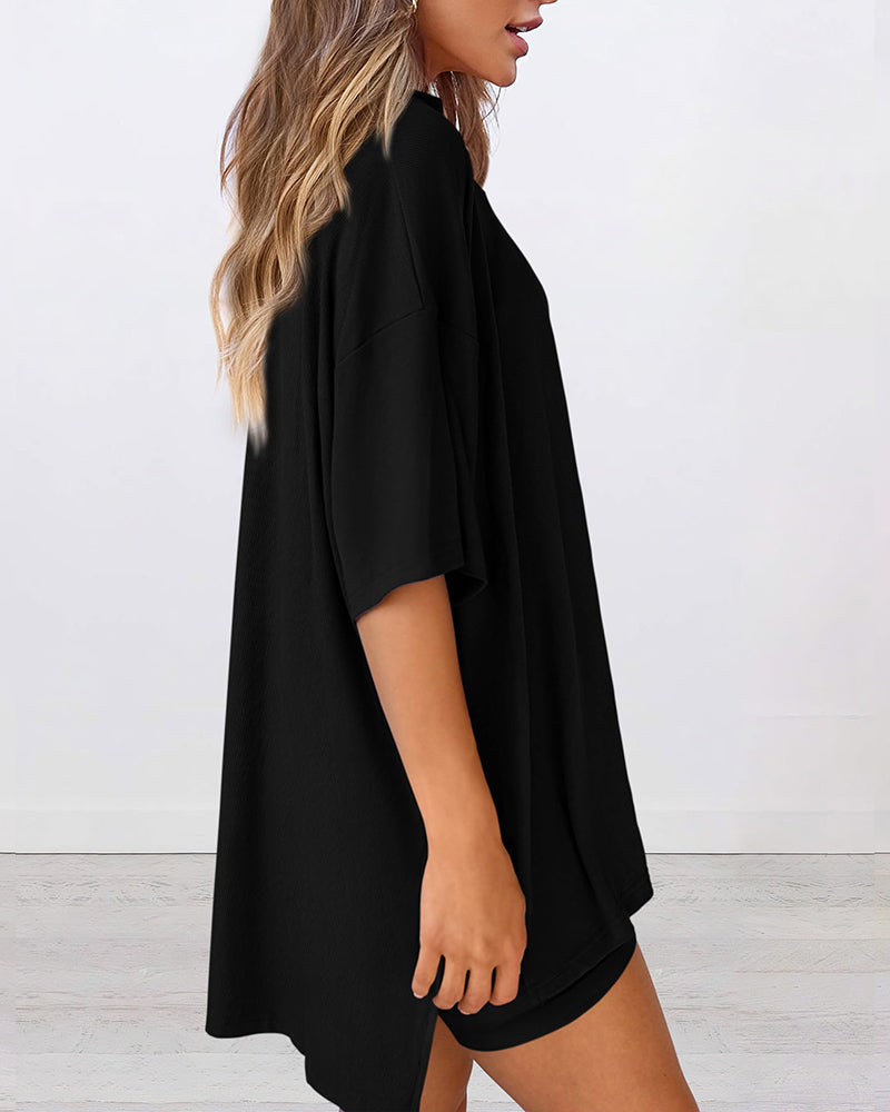 Summer Casual Oversized Lounge Set with Split Hem Shirts & Side Pocket Biker Shorts