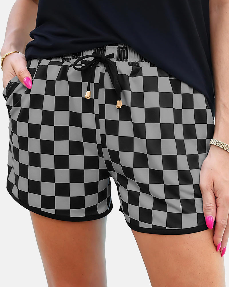 Checkered Drawstring Elastic Waist Casual Shorts with Pockets