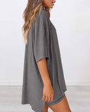 Summer Casual Oversized Lounge Set with Split Hem Shirts & Side Pocket Biker Shorts