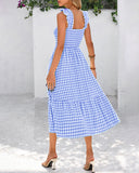 Vestido de guinga retro fluido fruncido con bolsillos
