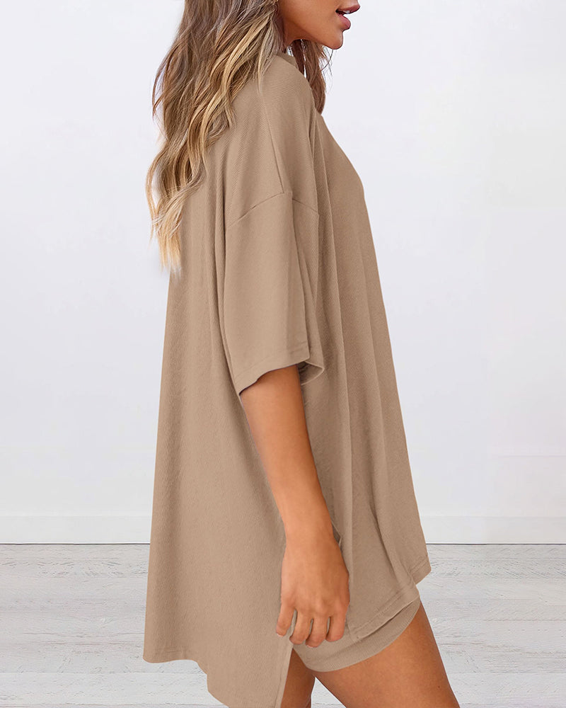 Summer Casual Oversized Lounge Set with Split Hem Shirts & Side Pocket Biker Shorts