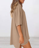 Summer Casual Oversized Lounge Set with Split Hem Shirts & Side Pocket Biker Shorts