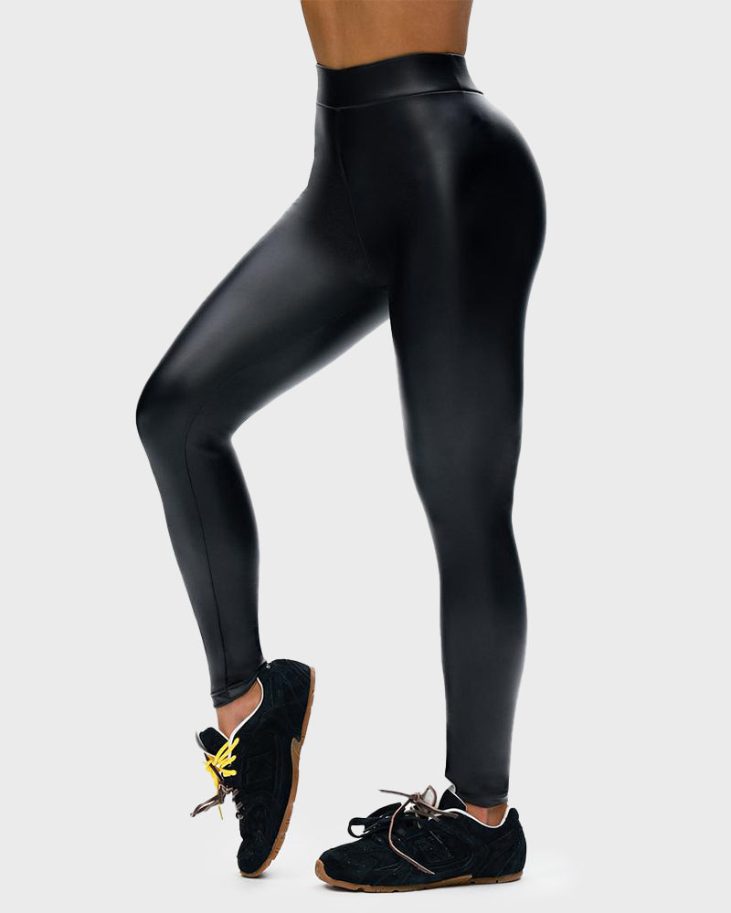 High Waist Fleece Stretch Artificial Leather PU Leather Leggings