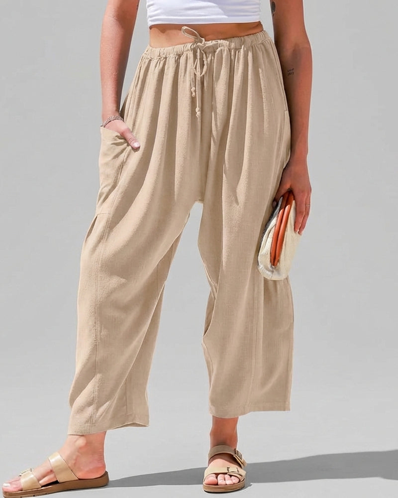 Pantalones harén de pernera ancha para mujer, informales, holgados, con cordón, para verano, con bolsillos