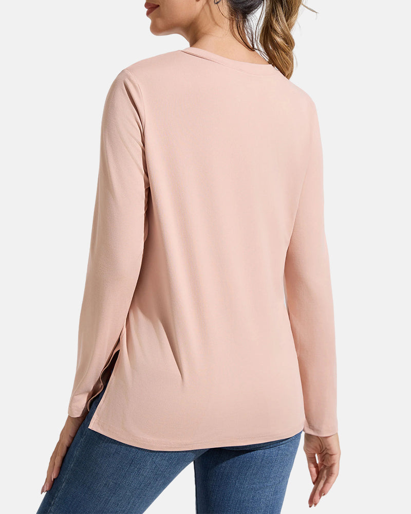 Women’s V-Neck Long Sleeve Casual Top — Loose Fit Basic Tee