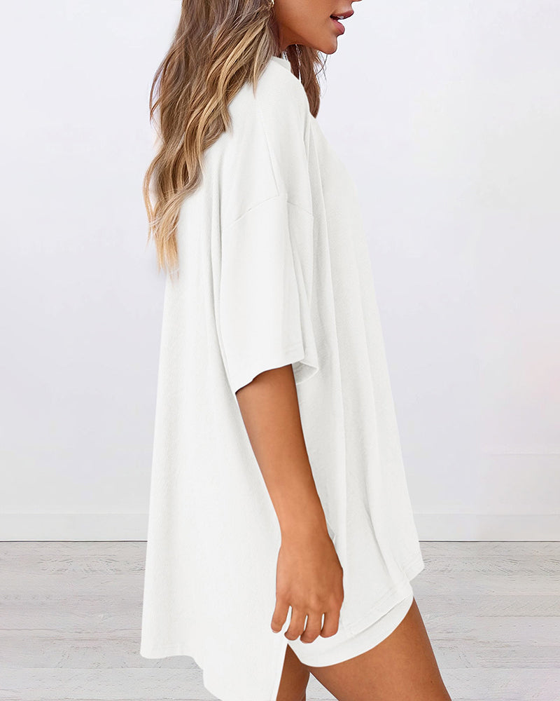 Summer Casual Oversized Lounge Set with Split Hem Shirts & Side Pocket Biker Shorts