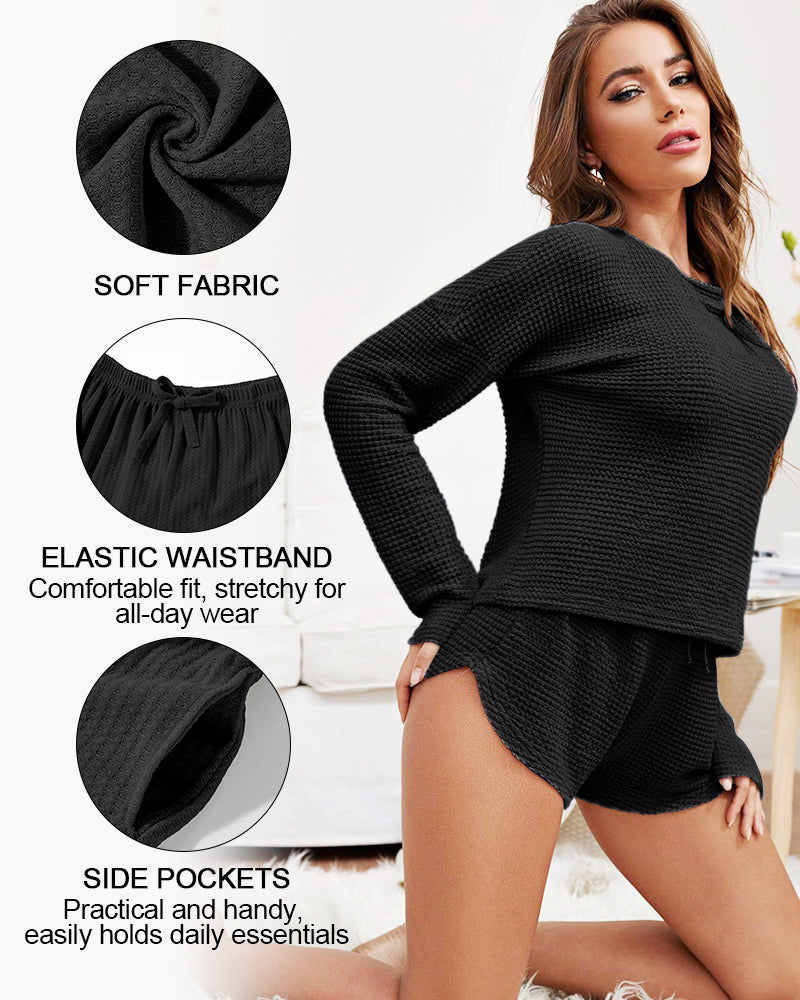 Womens Waffle Knit Pajama Sets Long Sleeve Top and Shorts Matching