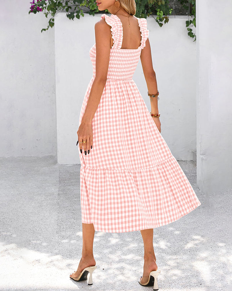 Vestido de guinga retro fluido fruncido con bolsillos