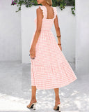 Vestido de guinga retro fluido fruncido con bolsillos