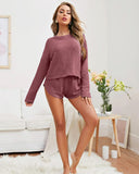 Womens Waffle Knit Pajama Sets Long Sleeve Top and Shorts Matching