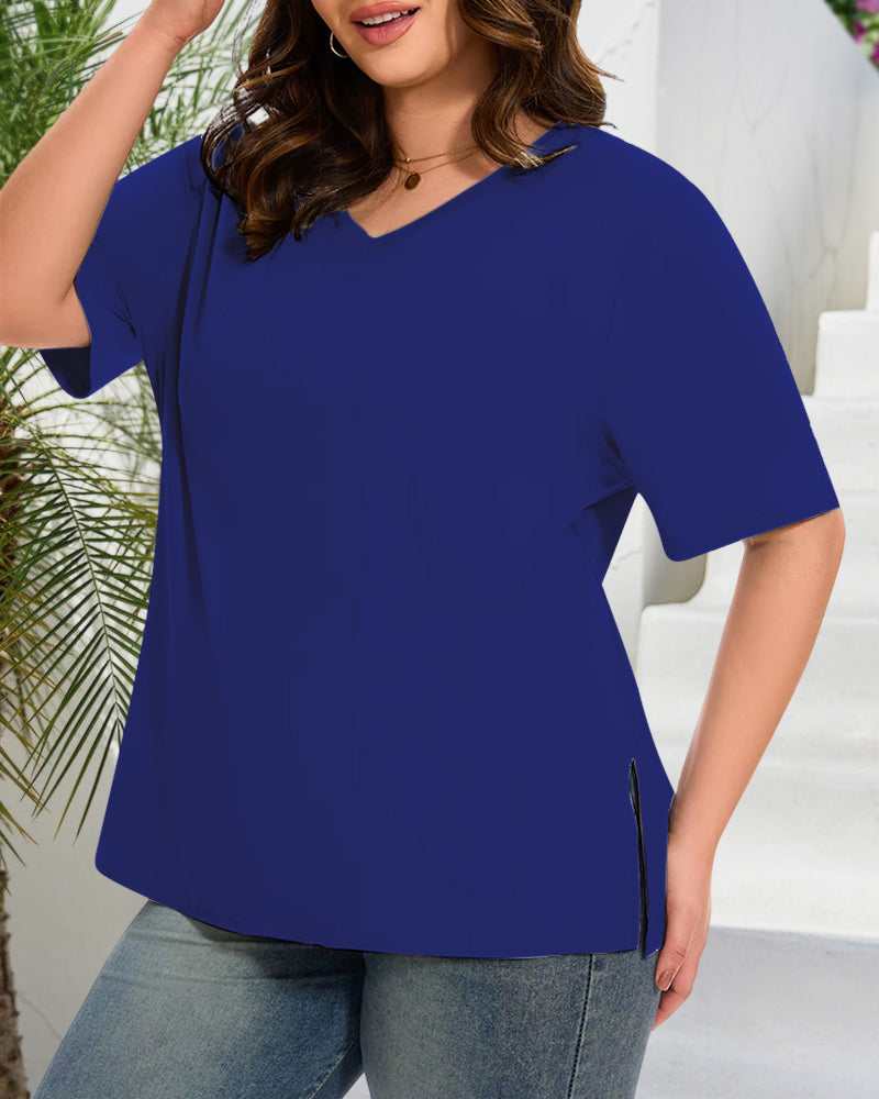 Longer Sleeve Plus Size V-Neck T-Shirt — Covers Your Arms & Hides Your Belly