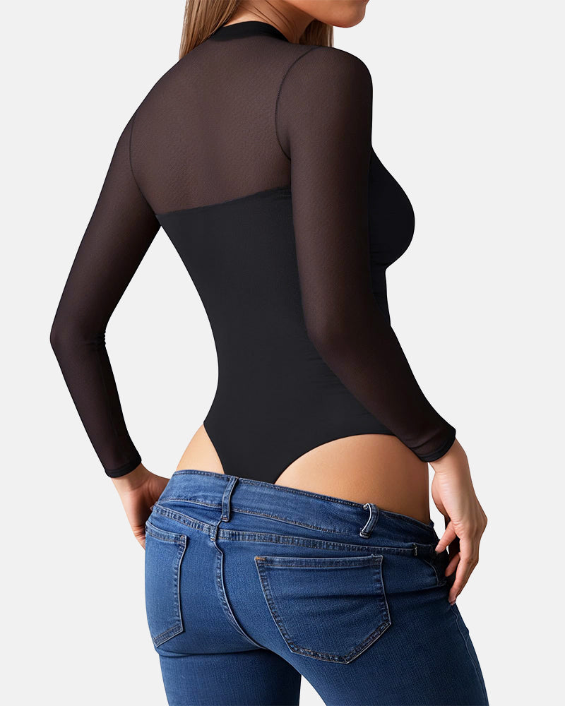 Illusion Mesh Turtleneck Long Sleeve Tummy Control Bodysuit
