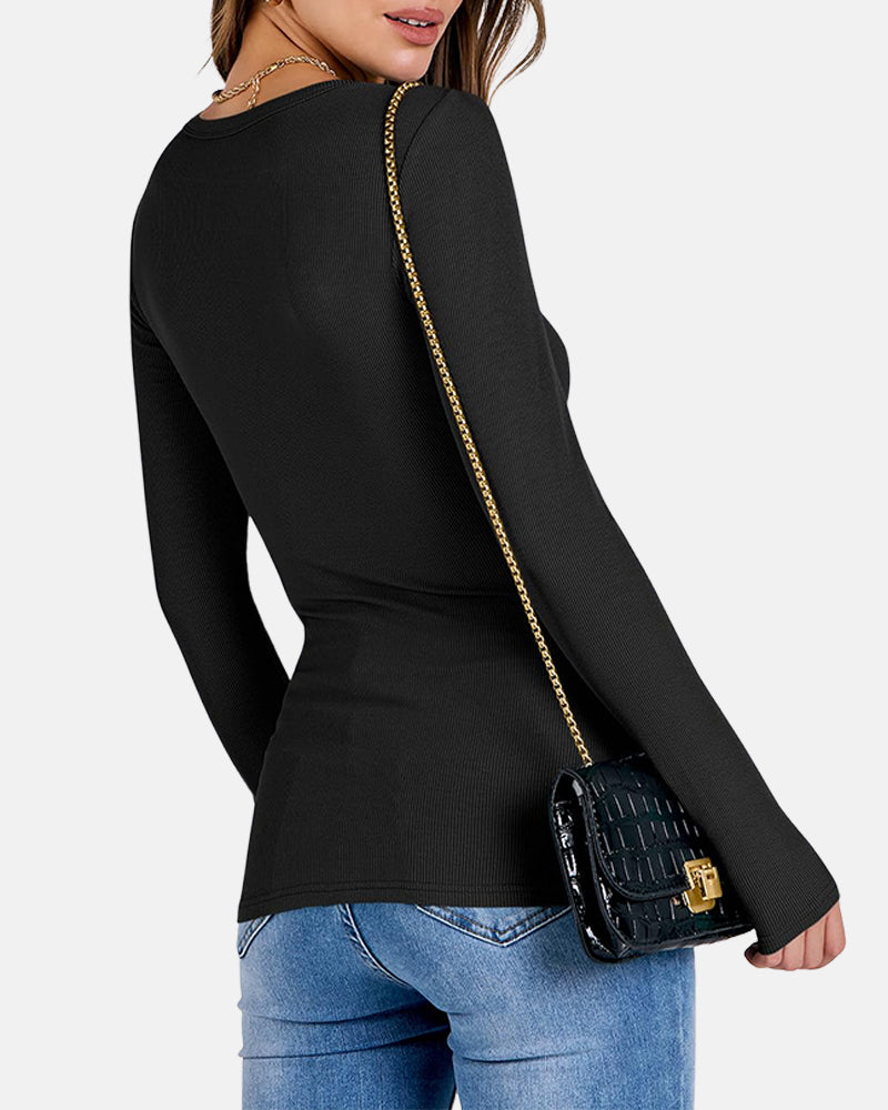 Women Full Length Long Sleeve Rib Knit Slim Fit Tops