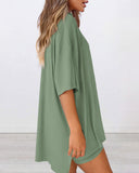 Summer Casual Oversized Lounge Set with Split Hem Shirts & Side Pocket Biker Shorts