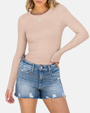 Women Full Length Long Sleeve Rib Knit Slim Fit Tops