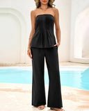 Conjunto de verano de 2 piezas para mujer – Top sin tirantes y pantalón de pierna ancha