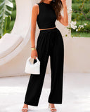 Conjunto de punto acanalado de 2 piezas – Top corto sin mangas y pantalones de pierna ancha