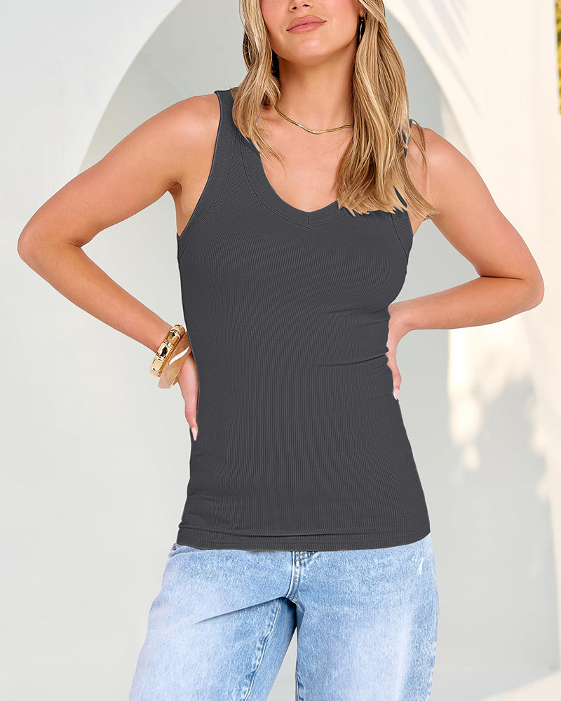 Camisetas sin mangas entalladas de punto acanalado con cuello en V