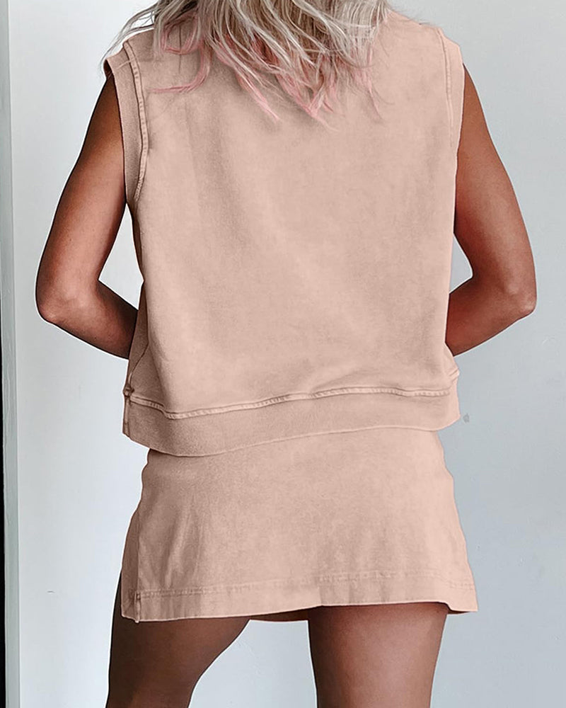 Conjunto de falda atlética partida forrada y top de tirantes de algodón con lavado mineral