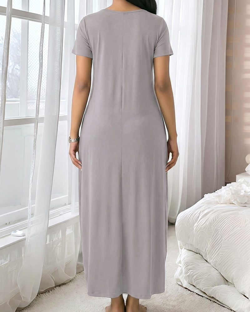 Vestido de salón de manga corta con bolsillo y escote en V pronunciado