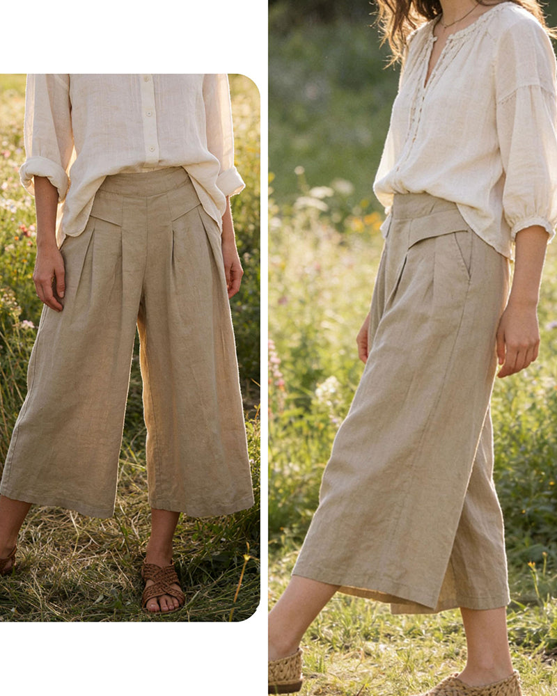 Pantalones Culotte de Lino y Algodón de Cintura Alta y Pierna Ancha para Mujer